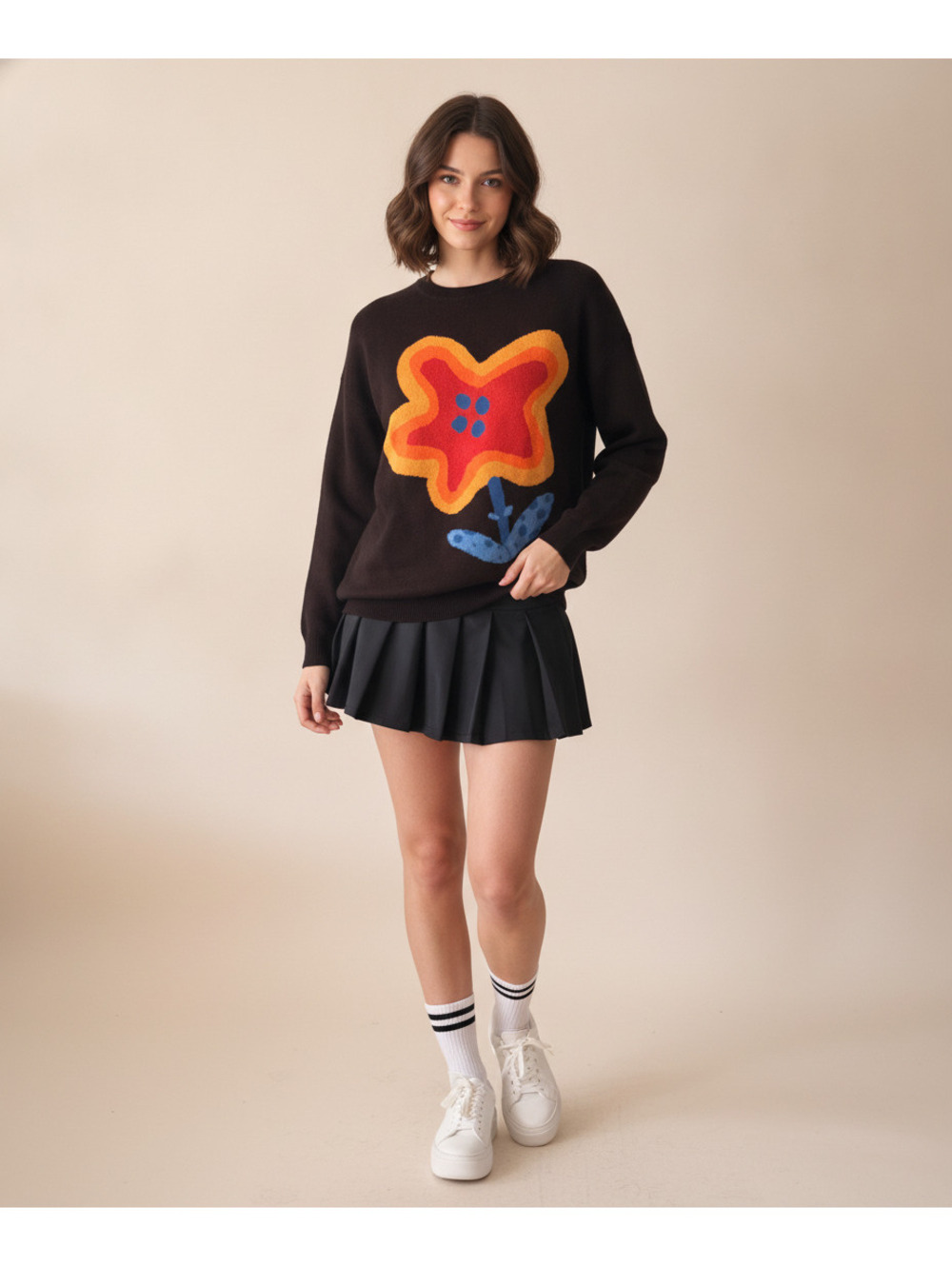 Cider Black Sweater with Large Colorful Flower Graphic, Size 1XL